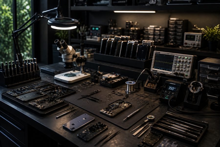 Mesa de trabajo con teléfonos abiertos, microscopio y herramientas de reparación electrónica.